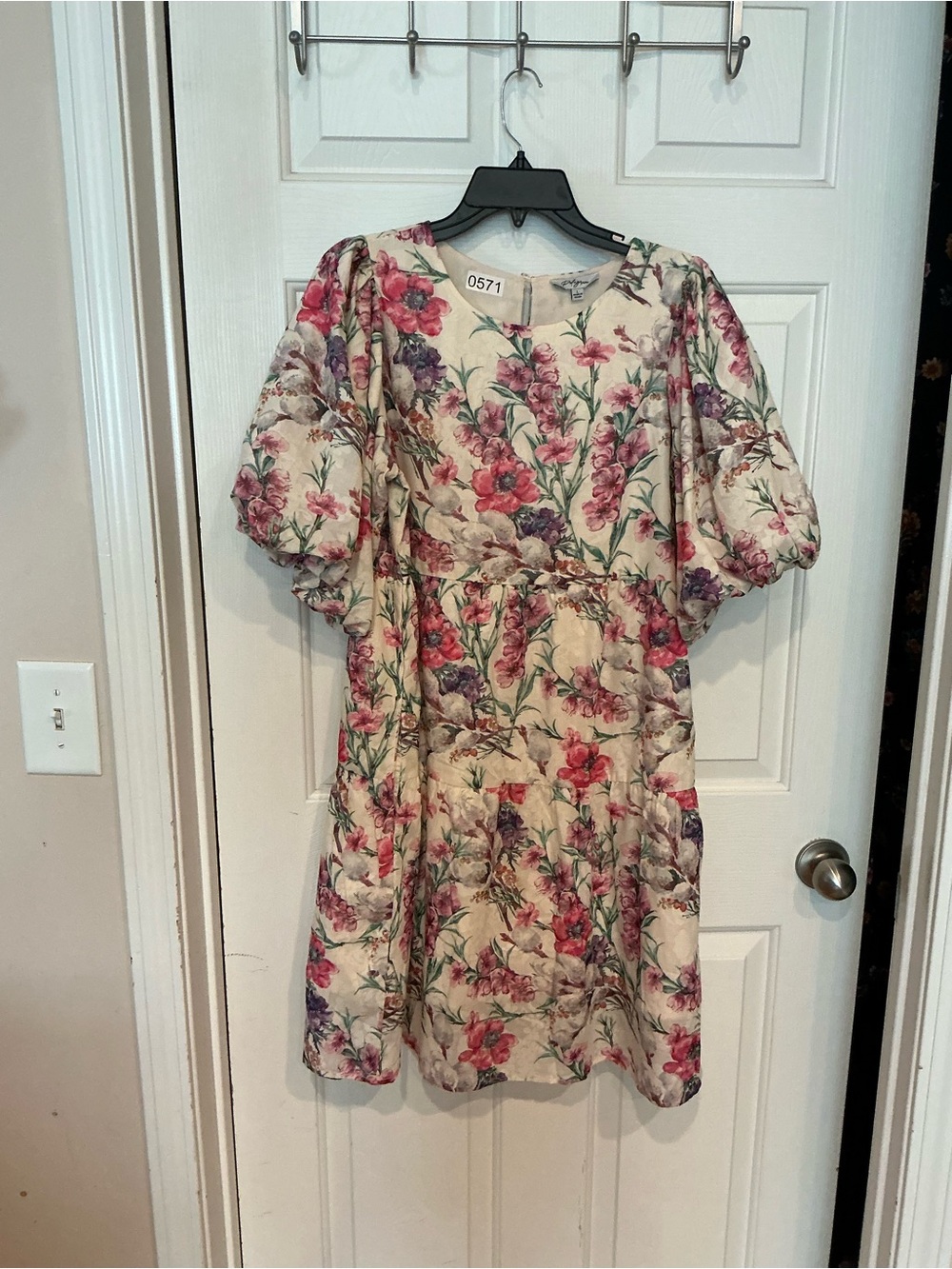 Floral Puff-Sleeve Mini Dress in Cream with Pink & Purple Blooms
